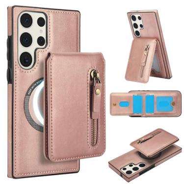 Imagem de Carteira destacável compatível com carregamento sem fio Magsafe para Samsung Galaxy S23 Ultra capa com suporte para cartão, bolso com zíper, suporte 2 em 1 à prova de choque (ouro rosa)