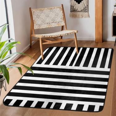 Imagem de Tapete de área para sala de estar, lavável à máquina, preto e branco, simples, antiderrapante, tapete macio, para sala de estar, quarto, sala de jantar, berçário, cozinha, decoração de casa