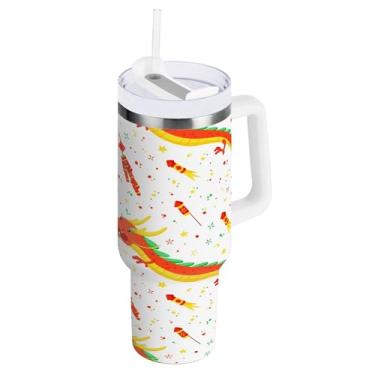 Imagem de xigua Copo vintage com estampa de dragão de 850 g com tampa e canudo, aço inoxidável de vácuo duplo isolado garrafa de água esportiva suporte para copo de café de viagem à prova de vazamento para