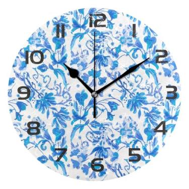 Imagem de GakkiGii Blue Flowers Relógio de parede silencioso sem tique-taque, relógio moderno operado por bateria para escritório em casa, cozinha, quarto - fácil de ler