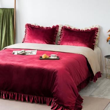Imagem de GLORY SEASON Conjunto de capa de edredom de veludo retrô com babados acabamento luxuoso sólido vinho vermelho fazenda vintage conjuntos de roupa de cama, fronhas combinando para decoração de quarto de