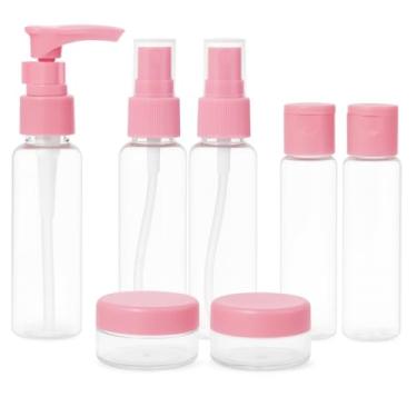 Imagem de Kit de Viagem 7 Peças Frascos Portáteis Reutilizáveis para Shampoo, Condicionador e Produtos de Higiene Leve, Compacto e Fácil de Transportar (ROSA)