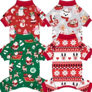 Imagem de XPUDAC Pacote com 4 pijamas de cachorro de Natal macios para cães pequenos, médios, roupas para animais de estimação, body para cães, roupas de Natal, vermelho, verde, 4GG