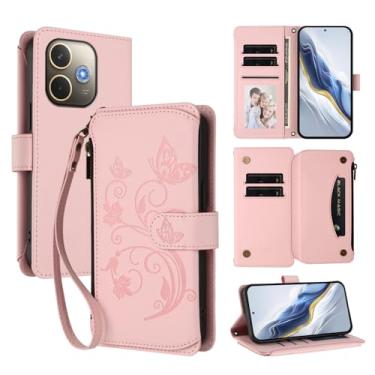 Imagem de Capa carteira para Oppo A5 Pro 4G/A5 Pro 5G com suporte para cartão, bolso com zíper e alça longa - capa fólio de couro com fecho magnético, suporte, capa feminina anti-impressão digital (rosa)