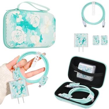 Imagem de Conjunto de armazenamento de capa carregador de telefone com protetor de cabo de borboleta rosa com bolsa de transporte, organizador de cabos, protetor de carregador para fone de ouvido USB para