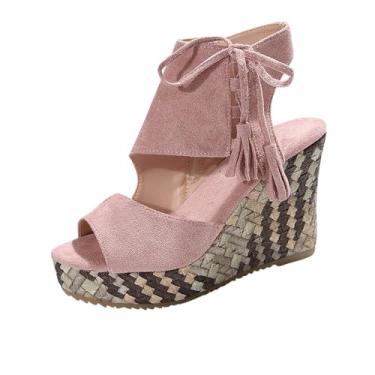 Imagem de Sandálias femininas com zíper lateral com borla, salto alto boca de peixe, sola grossa, casual, moderna para o verão, rosa, 34