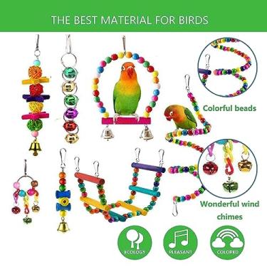 Imagem de Dioche Brinquedos de Pássaros para Papagaios 7 Pacotes de Acessórios de Gaiola de Madeira Colorida Com Sinos Brinquedos Mastigáveis ​​seguros e Duráveis ​​para Calopsitas Periquitos (7)