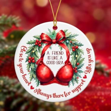 Imagem de Enfeites de Natal engraçados, enfeites de Natal para amigos, enfeites de amizade para mulheres amigas, decoração de árvore de amigas, design de sutiã de laço vermelho