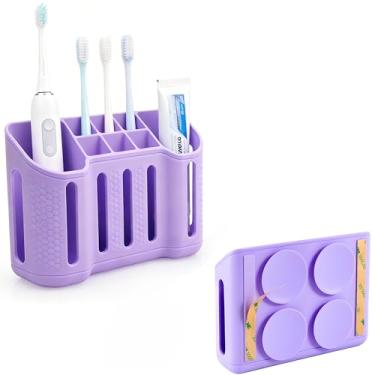 Imagem de Suportes de escova de dentes para banheiros, escova de dentes elétrica, barbeador e suporte de pasta de dente, 6 compartimentos pequenos e 2 compartimentos grandes, almofada de sucção e fita adesiva