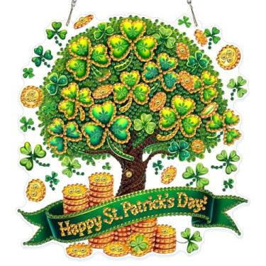 Imagem de GHHKUD Kit de pendurar arte de diamante de árvore trevo para adultos, pintura de diamante dupla face faça você mesmo para pendurar no dia de São Patrício, ornamentos de acrílico em formato especial