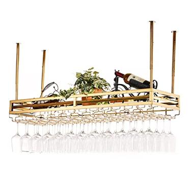 Imagem de Rack de vinho de metal dourado com suporte de vidro, prateleira de armazenamento de taças de altura ajustável, prateleira de vinho para parede, prateleira decorativa de teto para bares, restaurantes