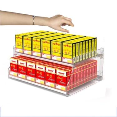 Imagem de Suporte de exibição de cigarro automático multicamadas - tipo parede e chão, armário de fumaça transparente para loja de conveniência, comissário e varejo, tamanho: 56,5 x 29 x 22,5 cm