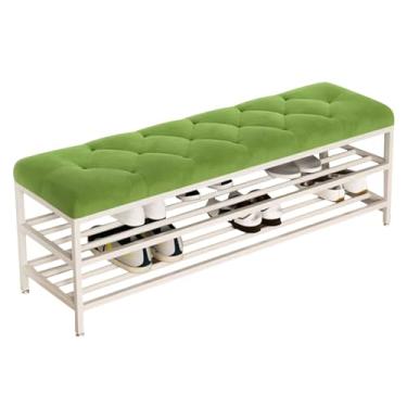 Imagem de Banco de armazenamento de sapatos estofado com almofada de veludo com moldura de metal branco - Sapateira elegante para entrada, sala de estar e organização de corredor
