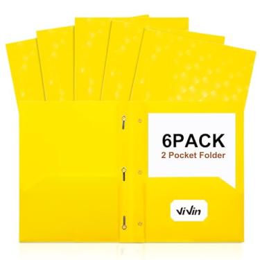Imagem de ViVin Pastas de plástico com bolsos e pinos, pacote com 6, pasta de arquivo resistente com 2 bolsos com 3 fixadores, serve para papel tamanho carta, para escola, casa e escritório (amarelo brilhante)