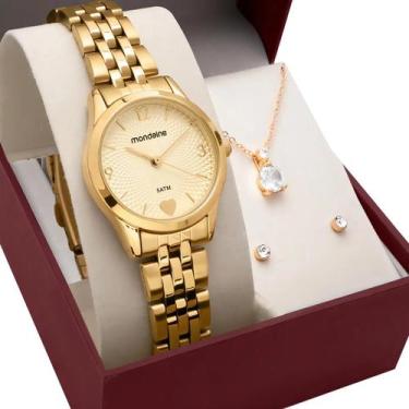 Imagem de Relogio Mondaine Dourado Pequeno Feminino 32795 + Kit Semi Joia