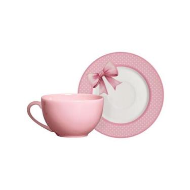Imagem de Conjunto com 6 Xícaras de Chá com Pires Laços de Páscoa Rosa 250ml - A
