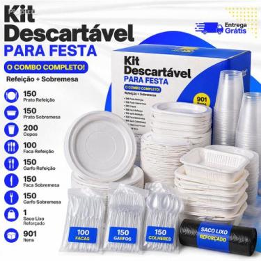 Imagem de Kit Descartaveis Para festa 901 Itens: Pratos Gafos Facas Copos Saco d