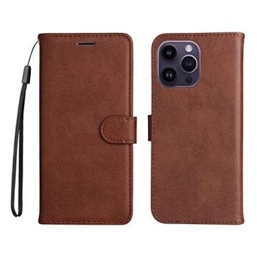 Imagem de YINGDAFENG Capa para iPhone 14/14 Pro/14 Plus/14 Pro Max, capa protetora magnética de couro PU com suporte flip com slot para cartão alça de pulso à prova de choque TPU interior shell, marrom, 14pro 6,1 polegadas