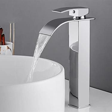 Imagem de Torneira da pia da bacia em cascata Torneiras pretas Torneiras de banho de latão Misturador de água quente e fria Torneira vaidade Torneiras de lavatório montadas no convés, cromadas planas