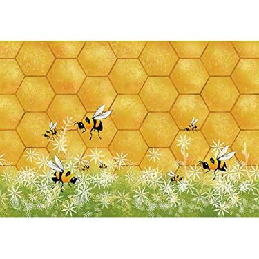 Imagem de Haoyiyi 2,1 x 1,5 m tema abelha doce princesa menina feliz aniversário cenário fotografia desenho animado hexágono colmeia favo de mel abelha primavera fundo de gênero revelar chá de bebê cabine de