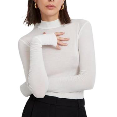 Imagem de Blusa de malha transparente de manga comprida com camadas para mulheres, gola alta, renda floral, camiseta transparente, Branco sólido básico, P