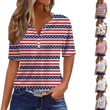 Imagem de Camiseta feminina com bandeira americana casual de verão, listras estrelas, vermelho, branco, azul, blusa Dia da Independência, gola Henley, Azul escuro, M