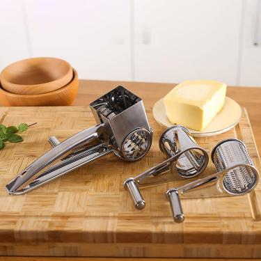 Imagem de Ralador de queijo de cozinha em aço inoxidável, ralador de queijo rotativo com manivela manual com tambor de aço inoxidável, plaina de queijo três em um, para ralar queijo duro, chocolate, nozes e mui