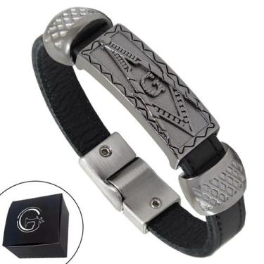 Imagem de Pulseira de Couro Magnética Masculina Preta Maçonaria Liberdade Frater