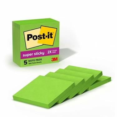 Imagem de Post-it Notas super adesivas, 7,6 x 7,6 cm, 5 blocos, 2X The Sticking Power, verde-limão, reciclável (654-5SSLE)