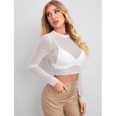 Imagem de Cropped Blusa Feminina Tule Transparente Manga Longa Balada - RV MODAS