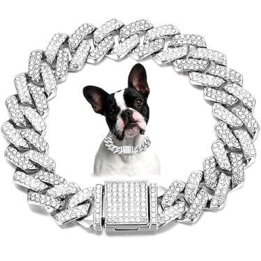 Imagem de Pimaodog Coleira de corrente para cães pequenos, colar de diamante, strass, glitter, metal, estrangulador, elos cubanos, coleira de cristal, joia para cães e gatos (prata, 61 cm)