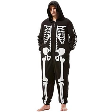 Imagem de Padama Fantasia De Esqueleto De Halloween Para Homens Adultos – Macacão De Esqueleto Unissex Pijama De Pelúcia Onesie, Aconchegante Halloween Adulto Fantasia De Esqueleto De Cosplay De Uma Peça Para H