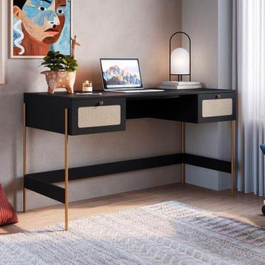 Imagem de Escrivaninha 2 Gavetas 139cm Palhinha Nero/Dourado - Artesano