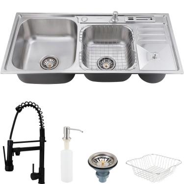 Imagem de Cuba para cozinha pia dupla em aço inox com acessórios com lixeira Caiapós e Torneira Gourmet Munim Preta pingoo.casa