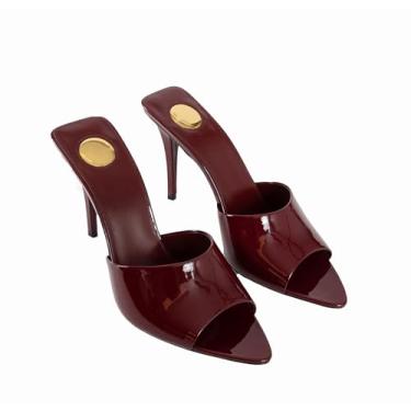 Imagem de CAGLGLZ Sandálias femininas de salto alto stiletto com bico fino aberto e salto fino, couro envernizado, slingback, vestido mula, vestido de festa, Vinho tinto, 36