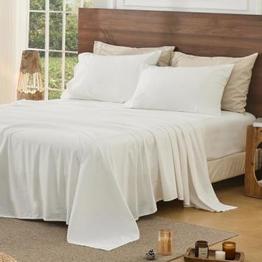Imagem de Bedlifes Jogo de lençóis de linho 100% puro francês king size respirável e refrescante macio, durável e absorvente de umidade, bolso profundo de 40,6 cm - 4 peças (king, branco)
