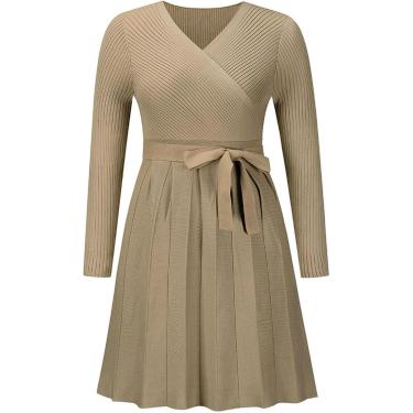 Imagem de Vestido de suéter novo de inverno Vestido de malha plissado em vingo curto, cáqui, l