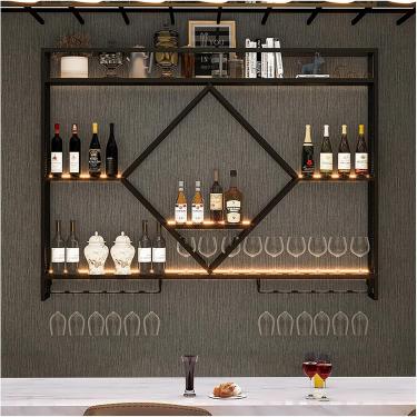 Imagem de Rack de vinho de metal montado na parede moderno, prateleira de bar elegante com suporte de vidro pendurado, prateleira de exibição de garrafa de licor, prateleiras flutuantes de ferro para