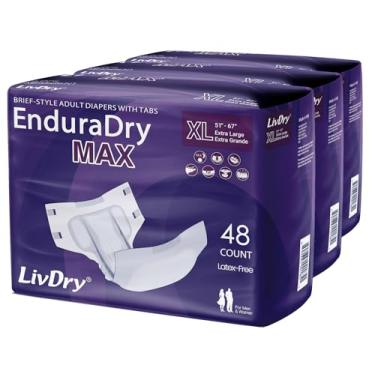 Imagem de LivDry EnduraDry Max XL Fraldas para adultos com abas, até 12 horas, roupa íntima superabsorvente para incontinência, cuecas com proteção contra vazamento, extra grande, pacote com 48