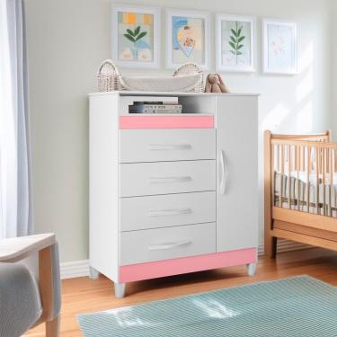 Imagem de Cômoda Para Quarto Infantil 4 Gavetas 1 Porta Branco Rosa Azul Quadriflex Triton Shop Jm