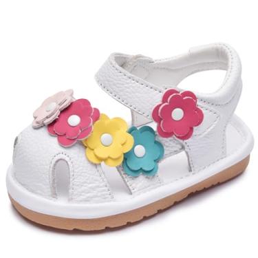 Imagem de Skeblo Sandálias infantis para meninas com estampa de flores e babados Mary Jane (tênis removível), Branco, 8 Toddler
