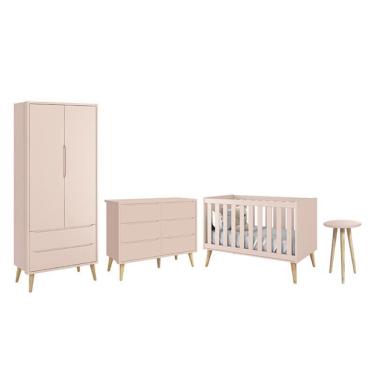 Imagem de Dormitório Completo Infantil Theo 2 Portas, Cômoda 6 Gavetas, Berço e Mesa de Canto com Pés Madeira Natural - Reller Móveis Rosa Fosco