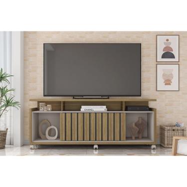 Imagem de Rack Bancada p/ TV até 70 Pol Oásis c/ Ripado e Rodizios 160cm Lamina Mel/Cacao - Caemmun