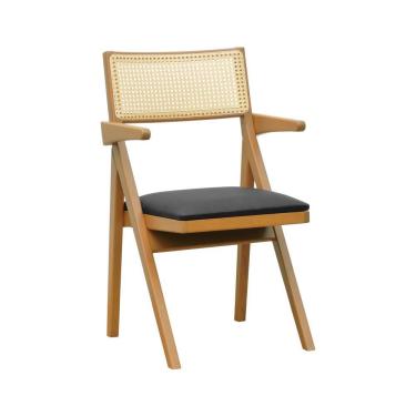 Imagem de Cadeira Ypê Com Braços Madeira Maciça E Telinha Natural - Natural Assento Estofado Corano Preto