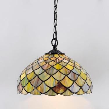 Imagem de AVIVADIRECT Luminária pendente Tiffany Plug in 30,5 cm Escamas de peixe marrom lâmpada suspensa de vidro manchado com corrente de 83 cm, cordão de 35 pés