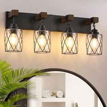 Imagem de Luminárias de banheiro de fazenda, 4 lâmpadas de banheiro com abajur de metal e vidro, luminárias rústicas de madeira sobre espelho, arandelas de parede pretas para sala de estar, quarto