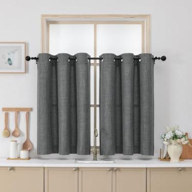 Imagem de Chyhomenyc Cortinas cinza escuro 91 cm de comprimento, filtragem leve de linho sintético texturizado, pequenas cortinas de janela de cozinha sobre a pia, cortina de café curta com ilhós para porão de