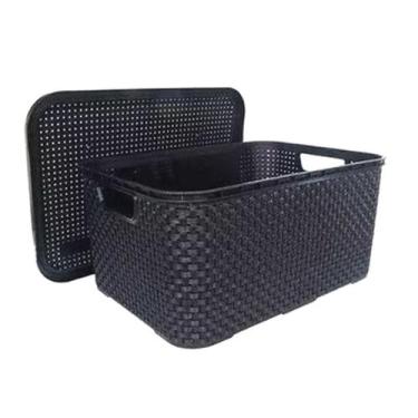 Imagem de Caixa Organizadora Preta Rattan Cesto com Tampa 15 Litros - ARQPLAST