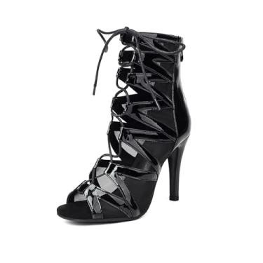 Imagem de GYUBL Botas femininas de dança de salão com cadarço, bico aberto, salsa latina, salsa, salto profissional, sola de borracha, salto de 9,5 cm, Preto, 36