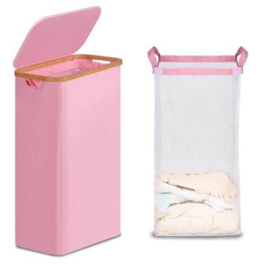 Imagem de Cesto de roupa suja efluky Slim com tampa 75L com bolsa removível rosa